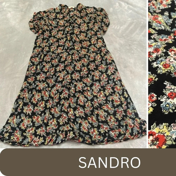Sandro Multicolor Floral Print Ruched Sleeve Mini Dress - 27383 - Picture 1 of 12